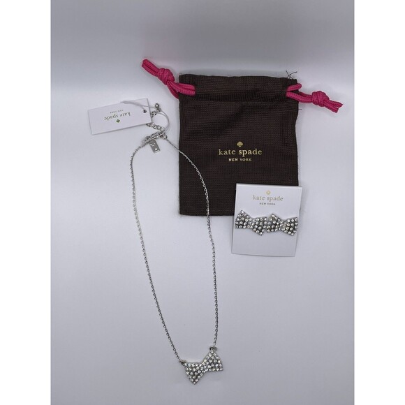KATE SPADE “Sparkling Bow” Pendant Necklace & Earring Set Silver Tone NWT - Picture 9 of 10